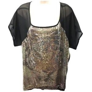 Blu Planet Top 1X Black Sequin Blouse Top Tiger Sheer Sleeves Cutout Artsy Glam
